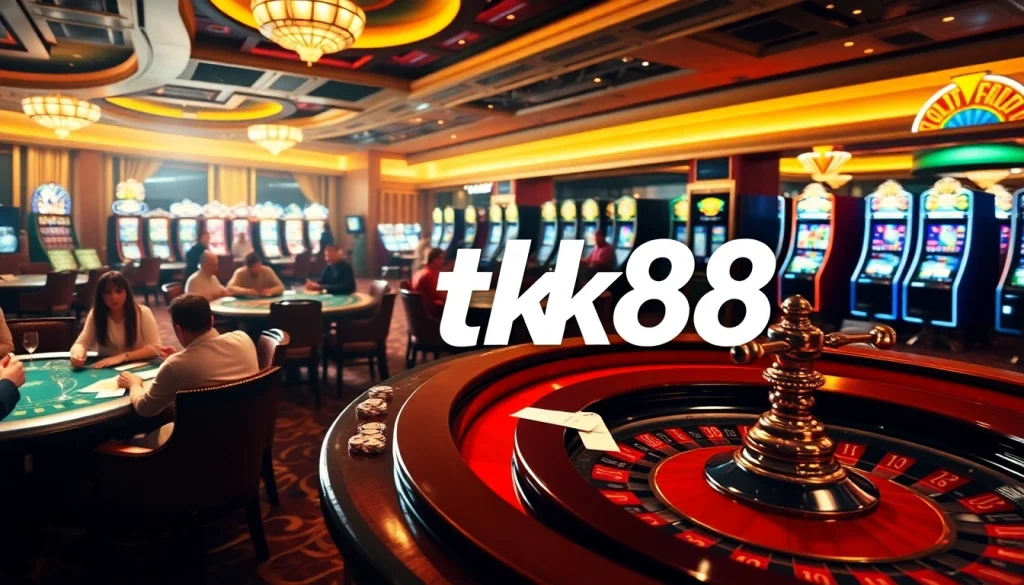 tk88 displays on betting screens amidst an animated casino scene featuring joyous players at blackjack and roulette tables.