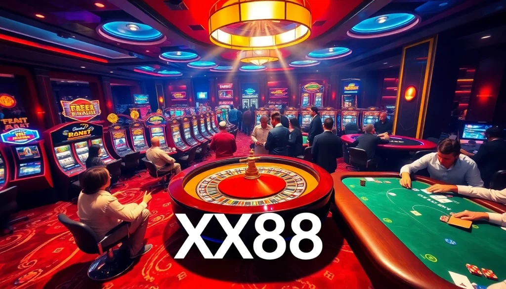 Experience the thrill of betting at the XX88 casino, with vibrant lights and exciting games.